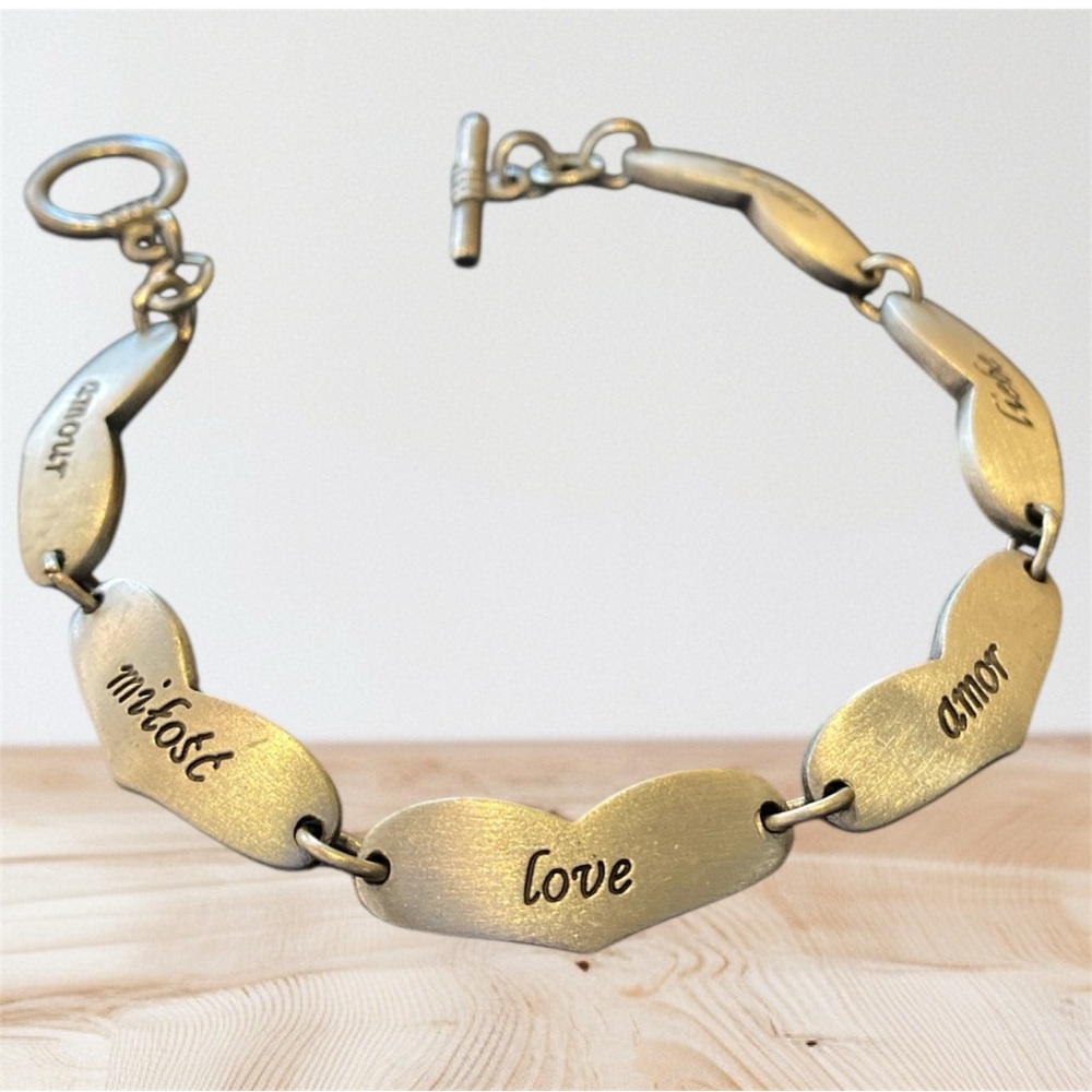 Silver tone Heart Link Bracelet with Love Inscriptions
